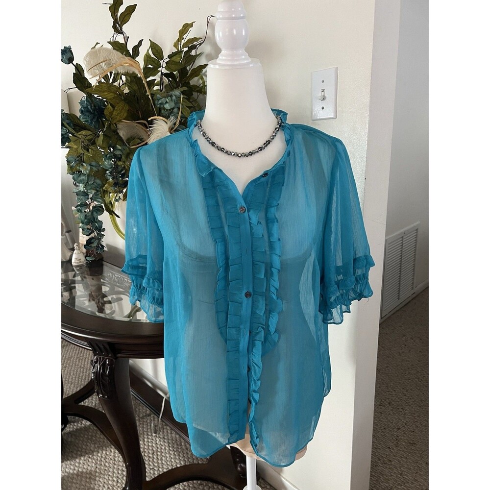 CeCe Turquoise Blue Ruffle Button Down Chiffon Blouse Size M Sheer Boho Top